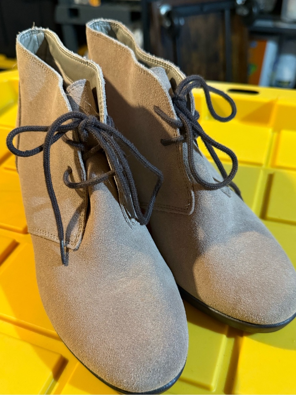 CROCS Suede Lace-Up Wedge Ankle Boots in Light Brown